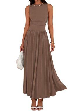 Women's Khaki Spring Sleeveless Casual Ruched High Waisted Long Beach Sundress